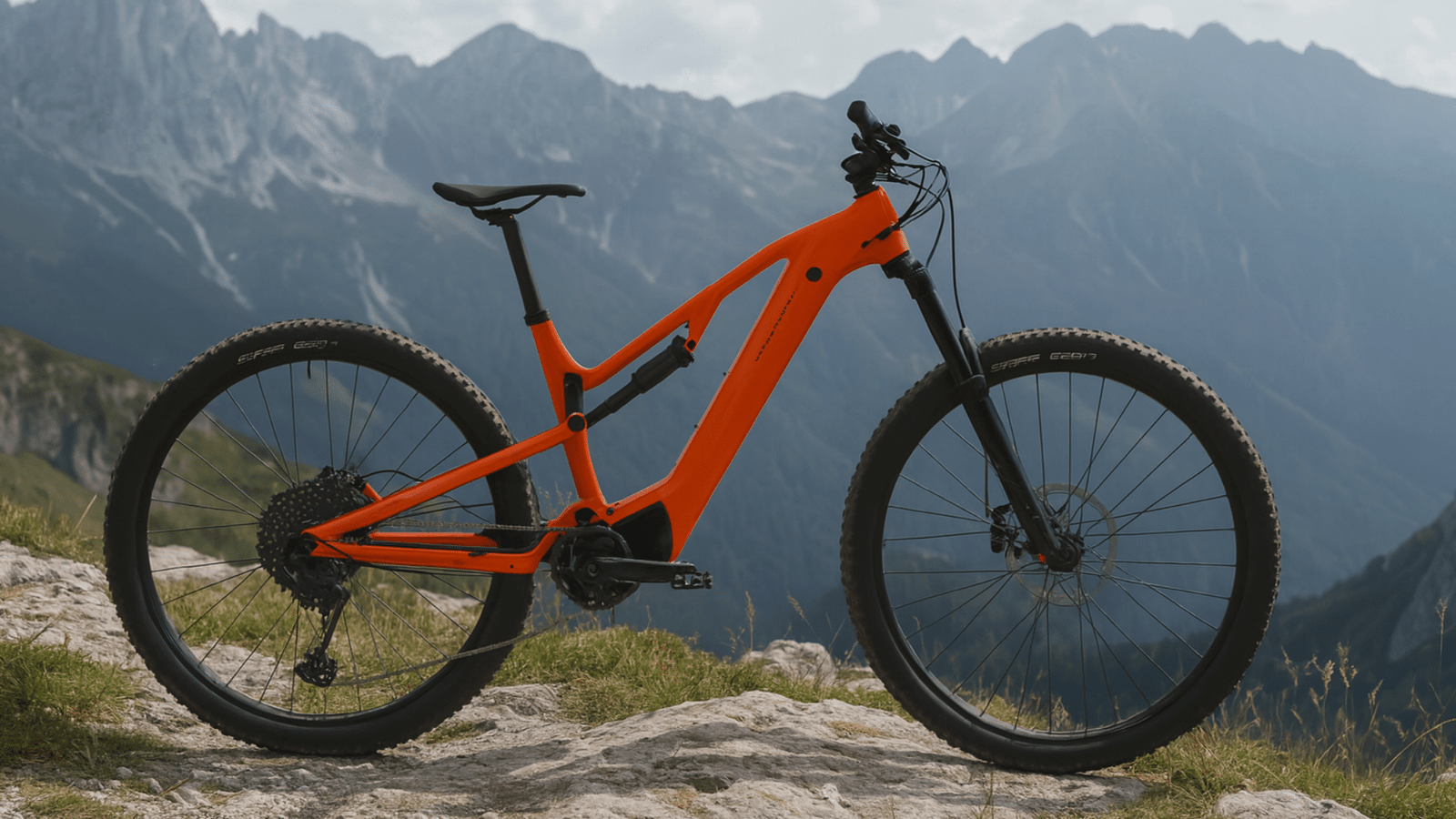 VTT électrique rouge en montagne