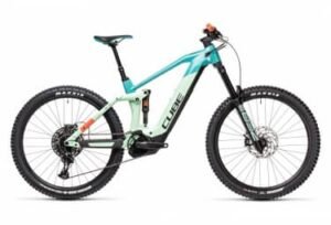 VTT electrique CUBE STEREO HYBRID 160 HPC SL 625 SRAM NX EAGLE 12V 625 WH Bleu Turquoise et blanc